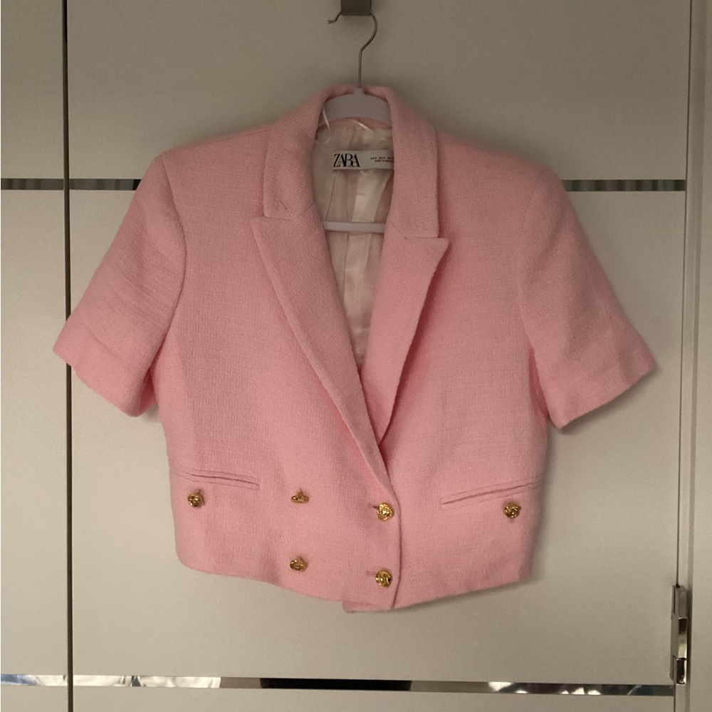 Zara Pastel Pink Tweed Short-Sleeve Blazer with Gold Accents